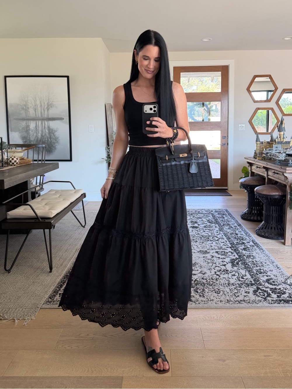 Women’s Black Boho Summer Flowy Tiered Maxi Skirt
